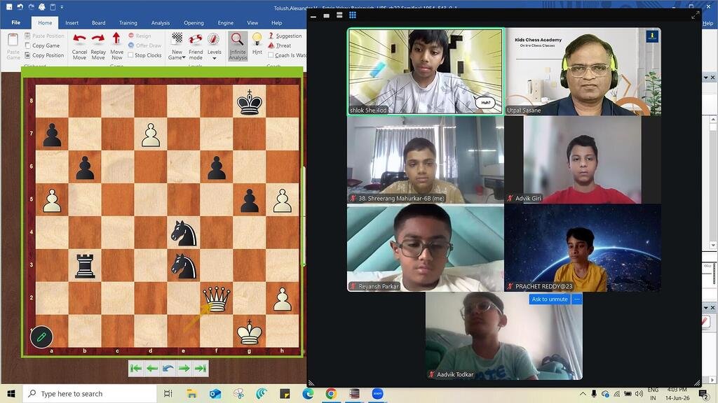 Live online chess for kids with coach and students analyzing a chess position