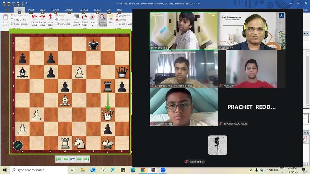 Online chess coaching session with students analyzing a tactical position